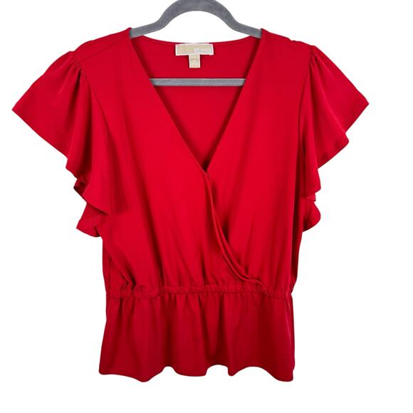 Michael Kors Red Short Flutter Sleeve V-Neck Stretchy Lightweight Blouse Size M - Picture 1 of 6